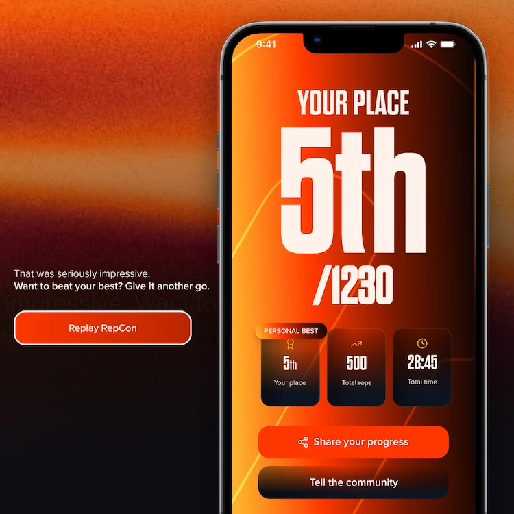 Smartphone screen showing a fitness app with rank 5th out of 1230 and 500 total reps completed.