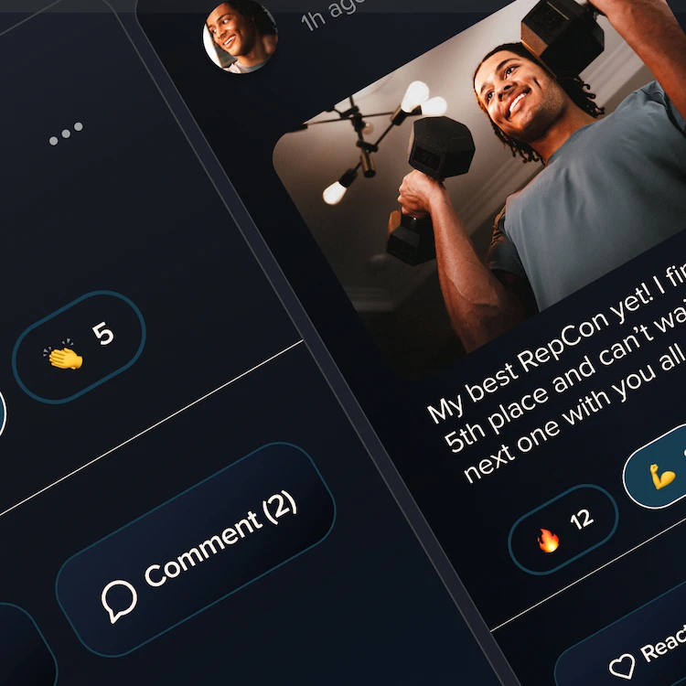 Smiling man lifting dumbbells in a social media post with reactions and comments visible.