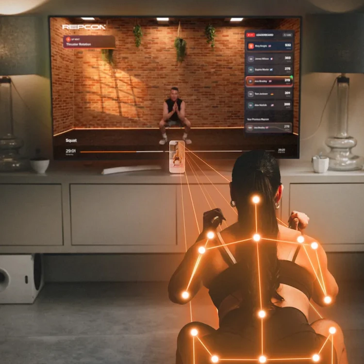 Woman doing squats at home with on-screen virtual trainer and motion tracking points overlay.