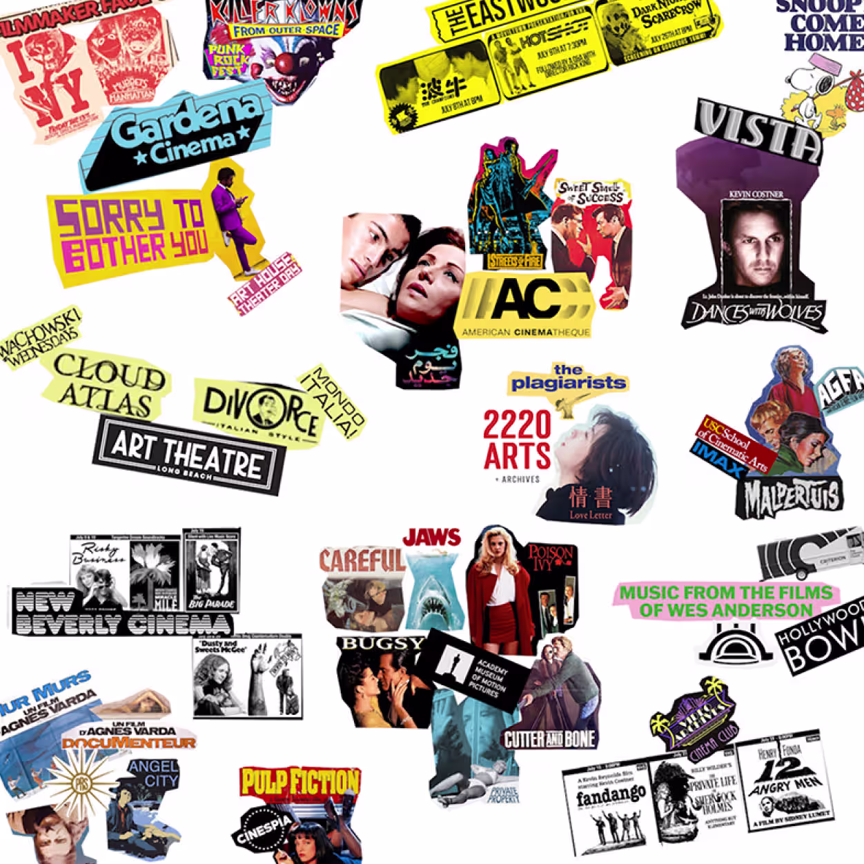 A closeup of a zine poster with colorful collage cutouts of old cinema logos and movie posters