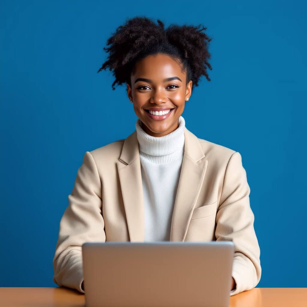 [headshot] image of satisfied student using a laptop