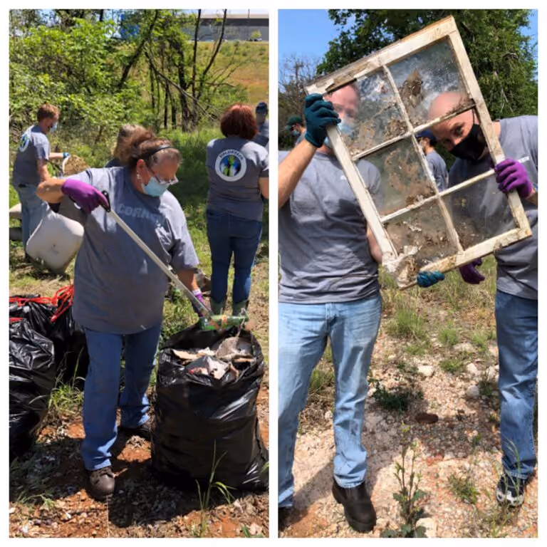 Two photographs of people collecting garbage