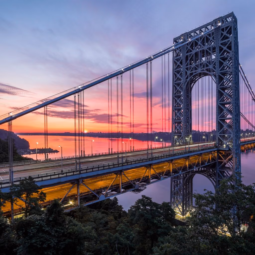 A photograph of the George Washington Bridge during a sunset