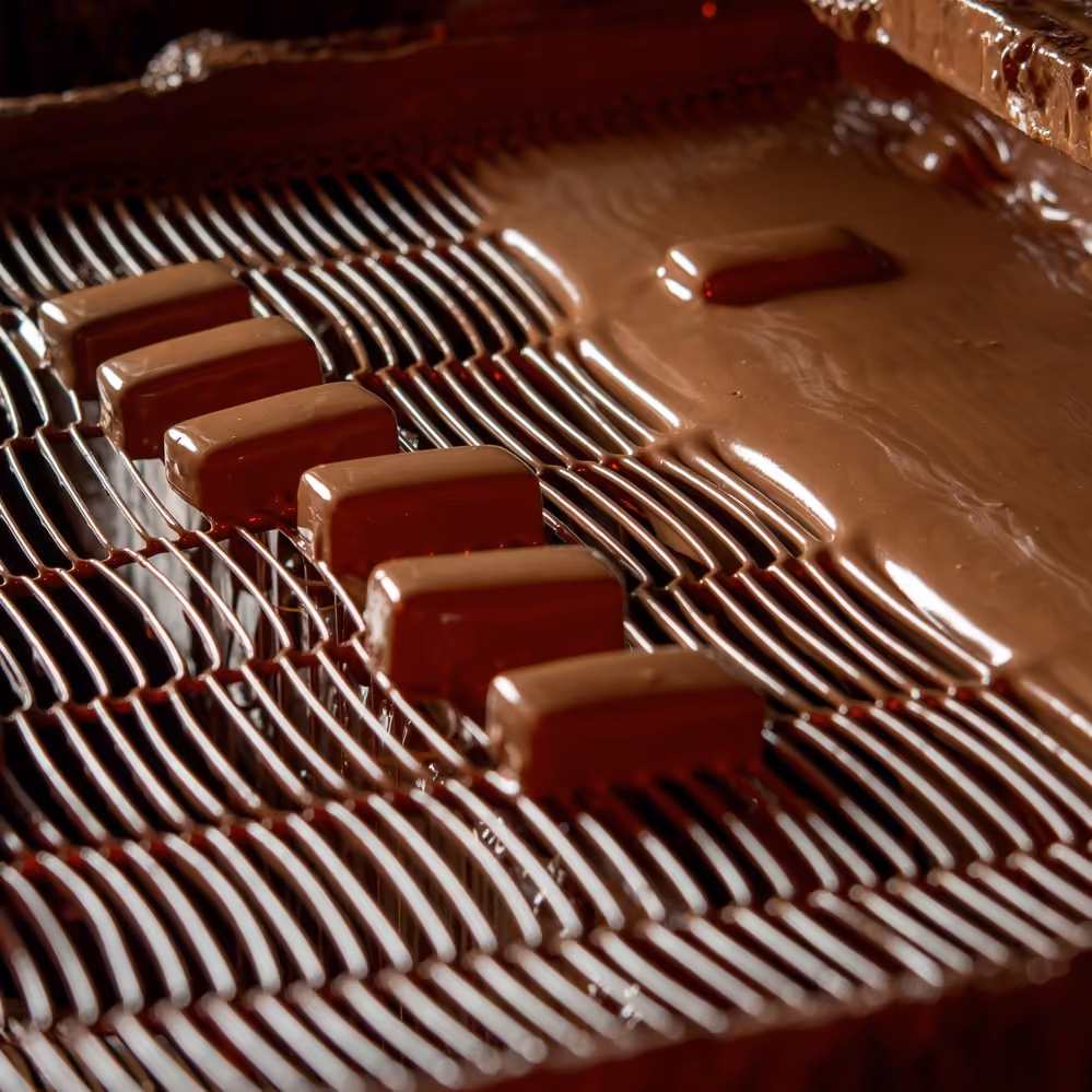 A photograph of a chocolate bar assembly line
