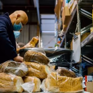 A foodbank image showing a large quantity of bread