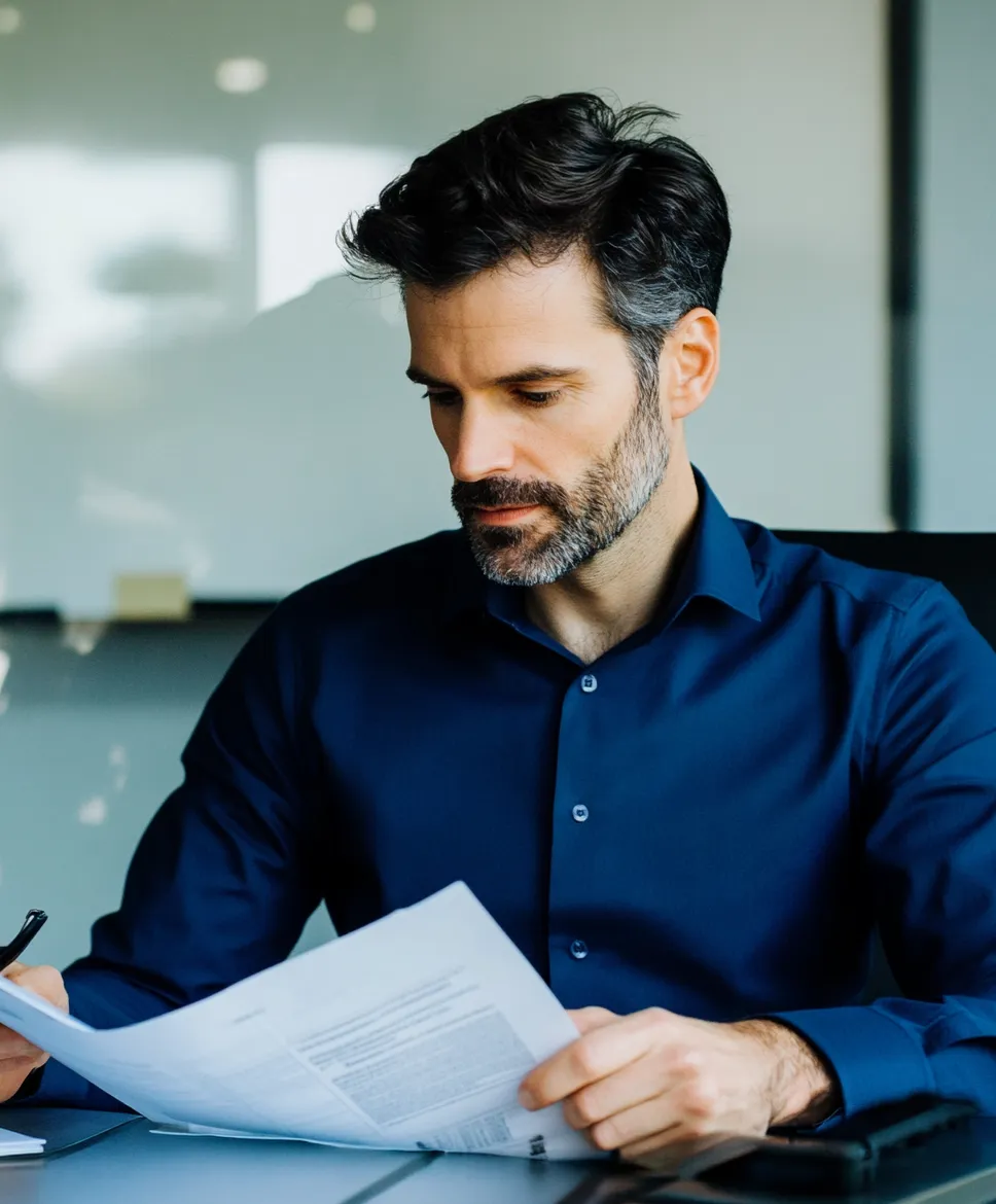 Man in blue shirt reviewing documents at a desk in a modern office.