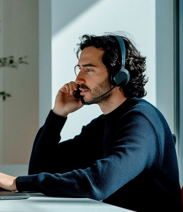 Man with dark curly hair wearing headset and dark sweater sitting at a desk talking on the phone.