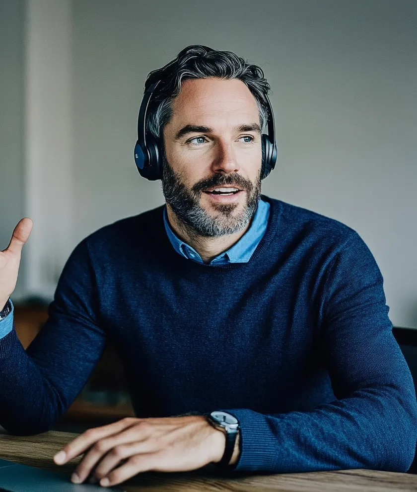 Man with headset speaking and gesturing while sitting at a wooden table indoors.