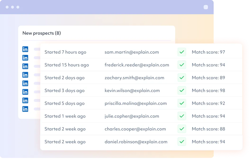 User interface listing new LinkedIn prospects with email, start time, and match scores over 88.