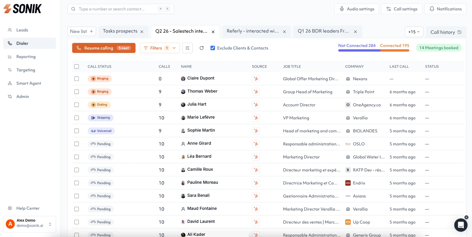 Sonik AI dialer: the call list with live call statuses and meetings booked