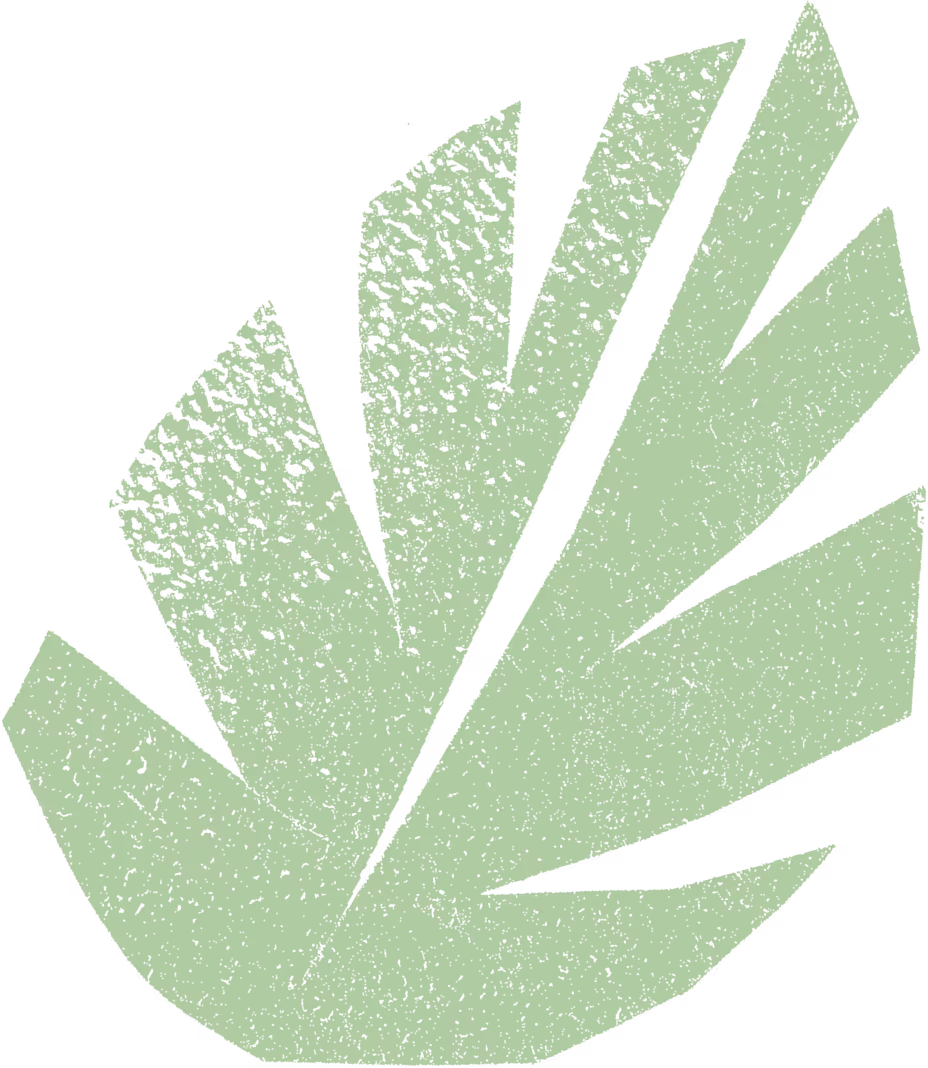 Stylized green leaf with a textured, angular, and segmented design on a transparent background.