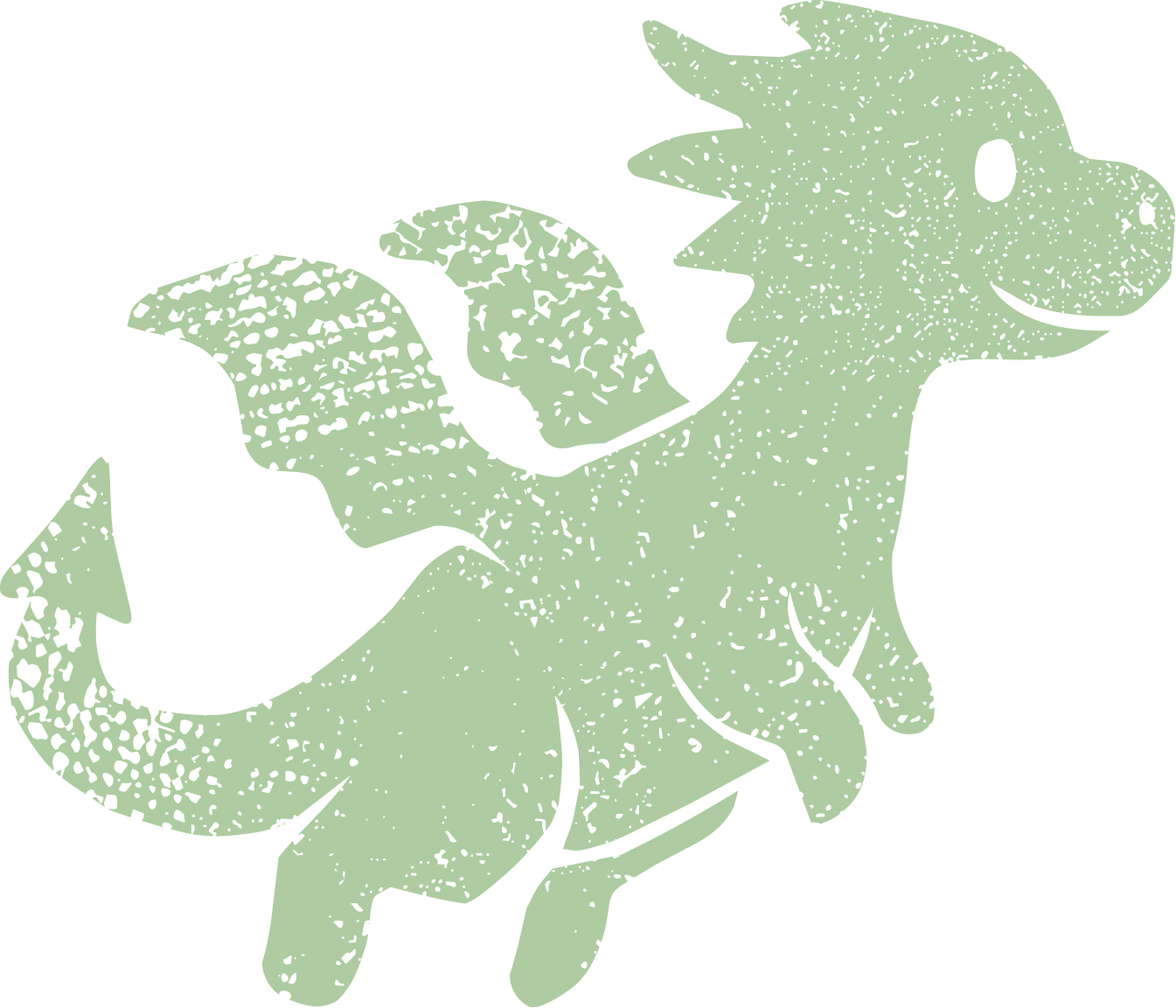 Cute green cartoon dragon with wings, smiling and flying to the right.