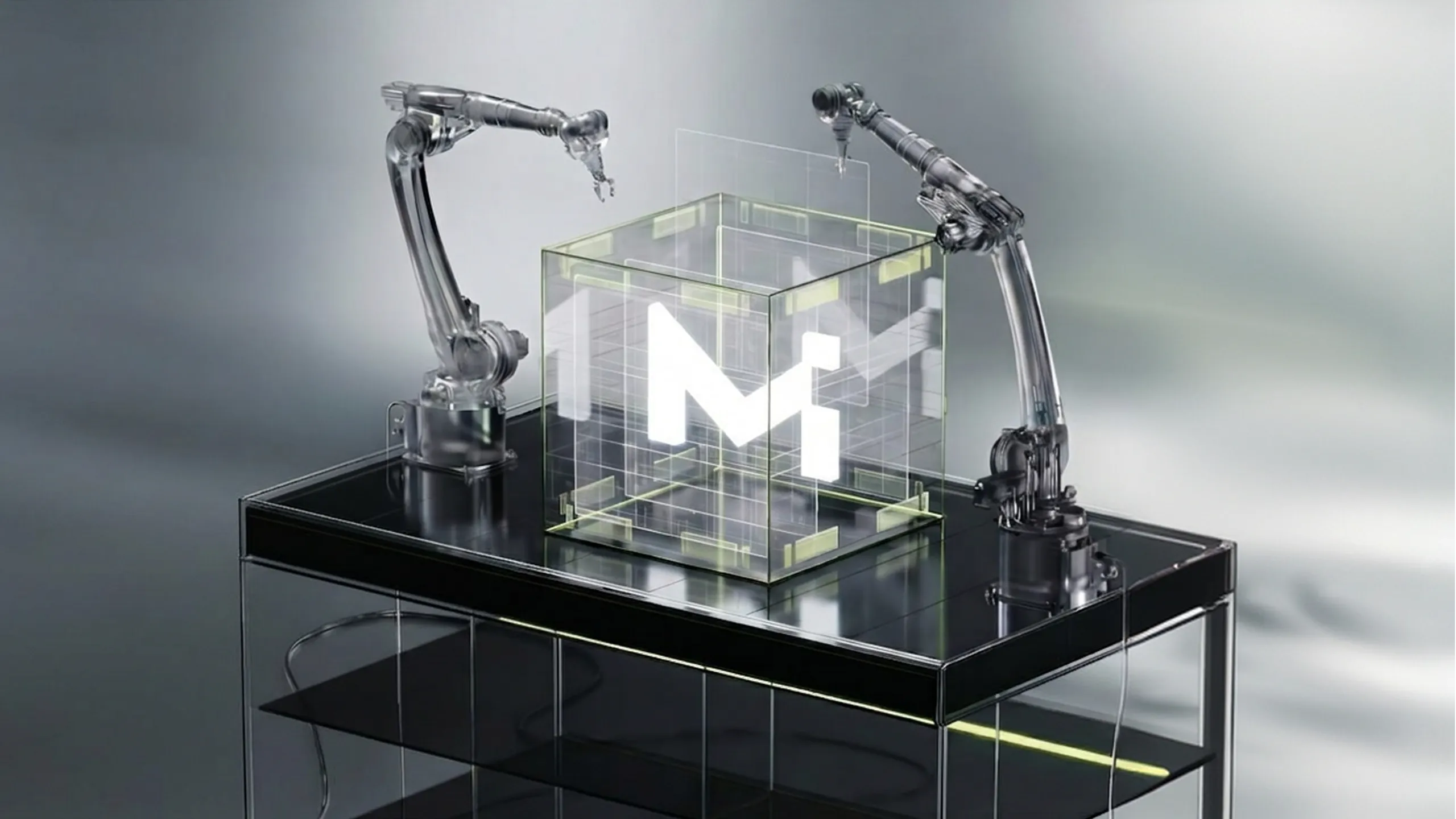 Two transparent robotic arms assembling a glass cube with a glowing white letter M inside