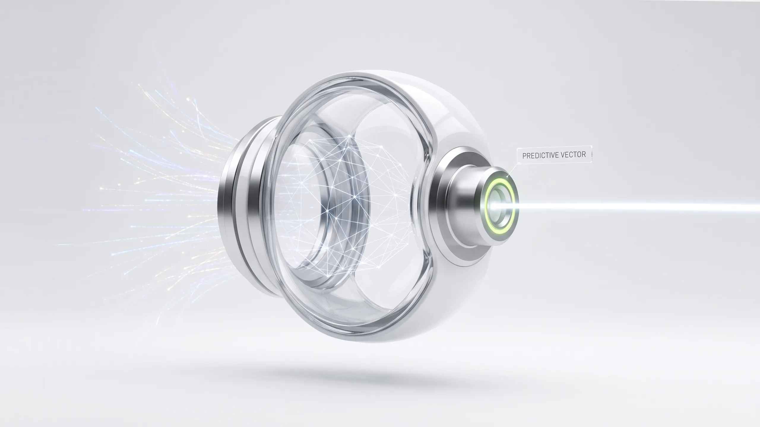 A transparent futuristic optical module, projecting a light beam and fiber light streams