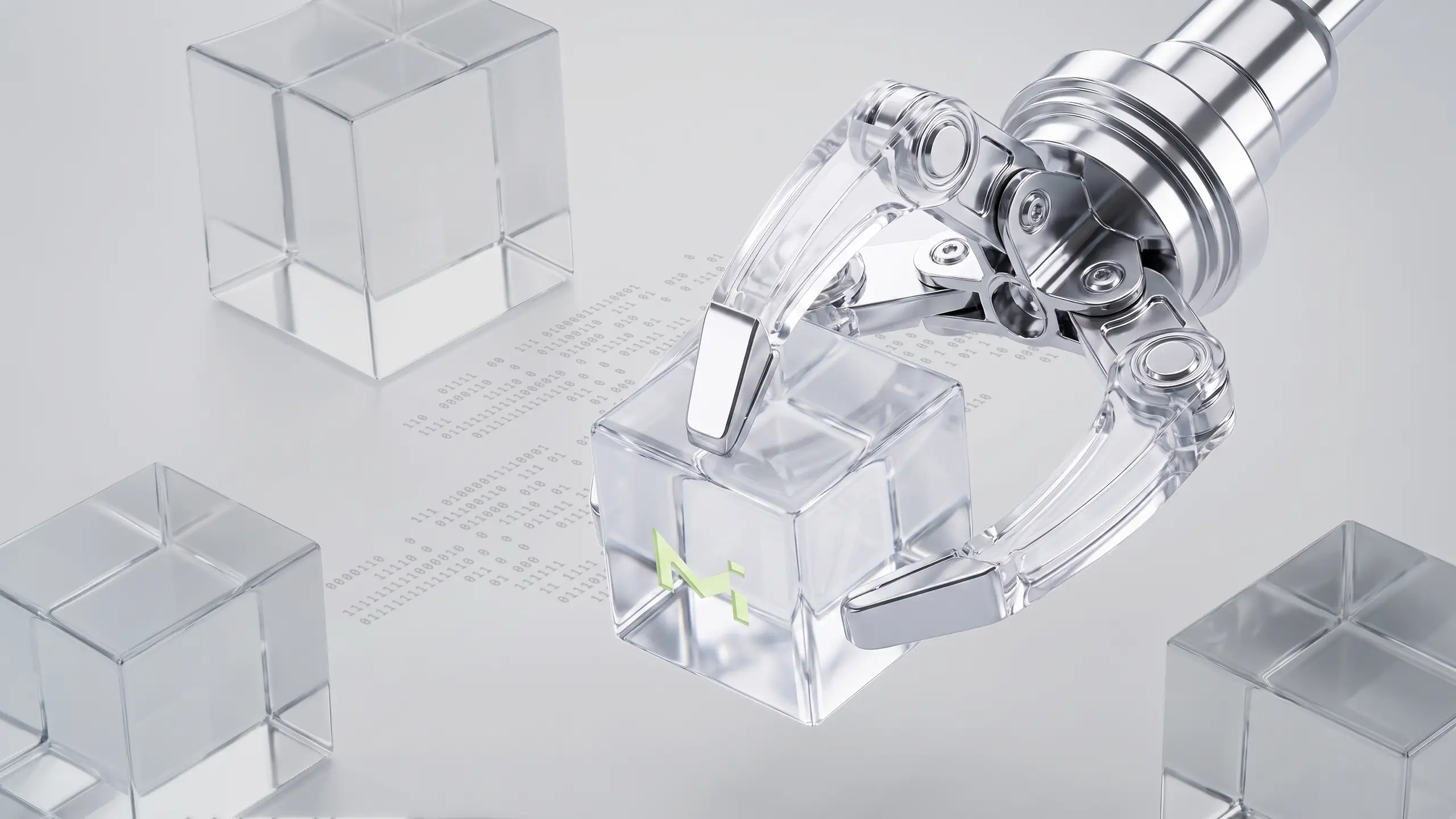 A transparent robotic claw gripper holding a glass cube with a lime green logo surrounded by glass cubes