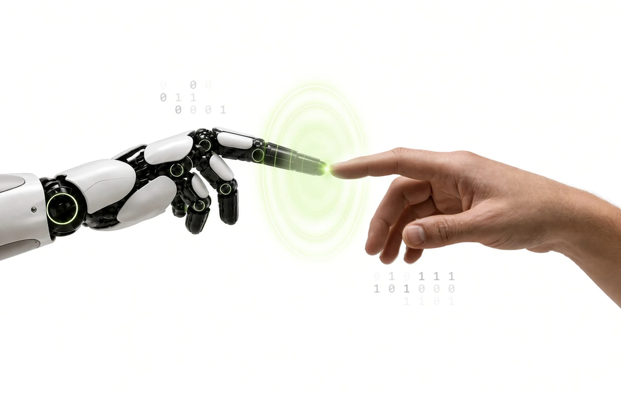A robotic index finger touches a human finger, creating a glowing green light and circular wave effect
