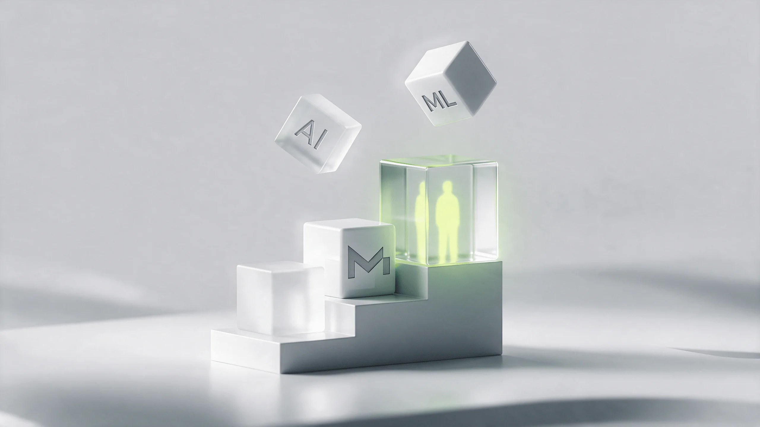 Steps with AI, ML, and M cubes leading to a glowing green human figure inside a glass block