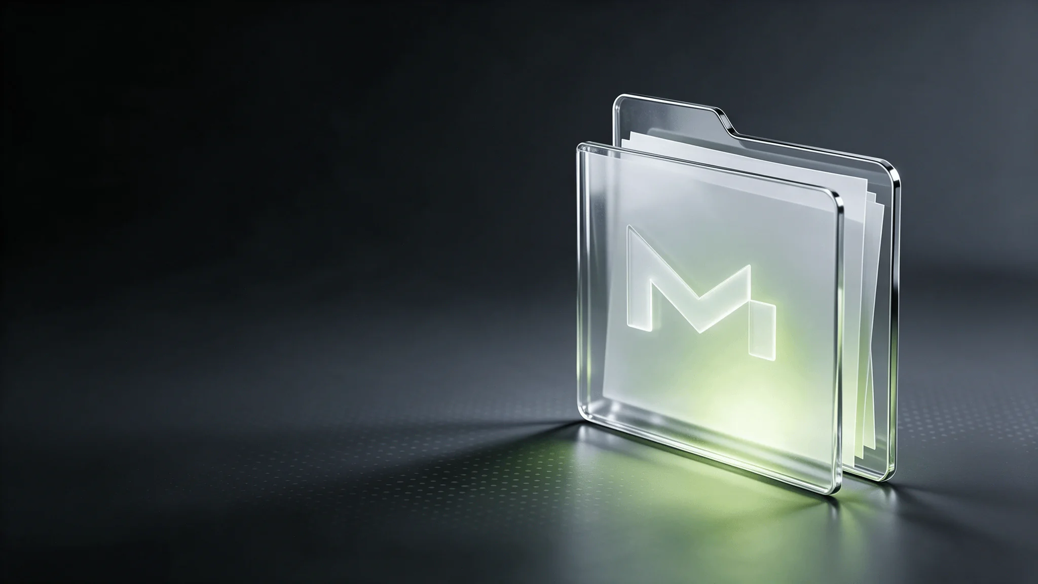 A transparent glass document folder featuring an engraved M logo and a soft green glow