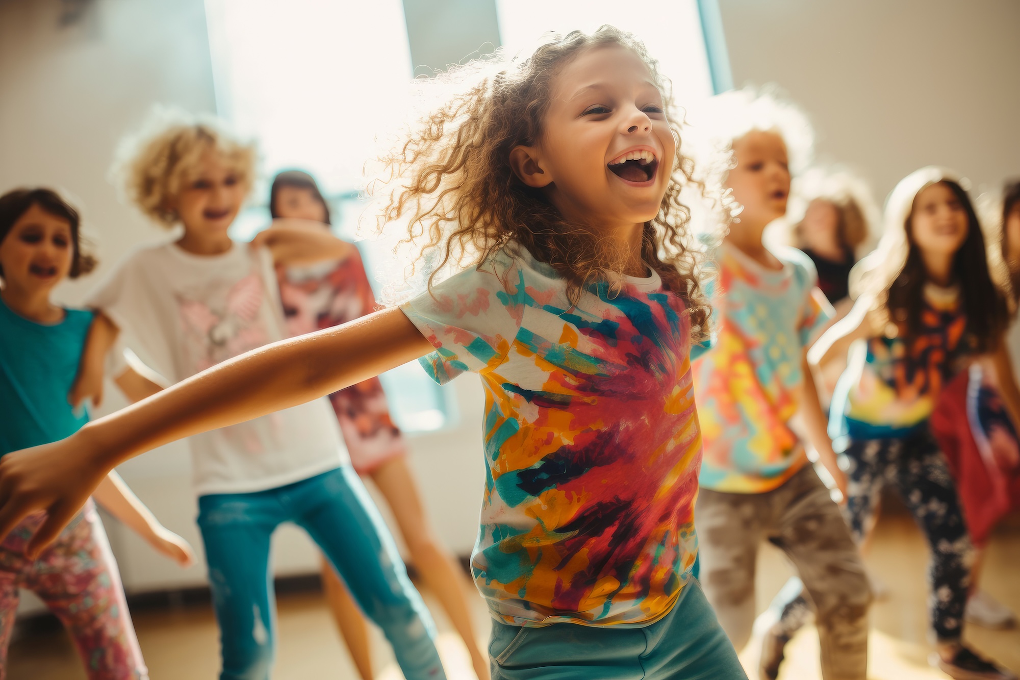 Smiling children in colorful clothes dancing and having fun indoors in bright natural light.