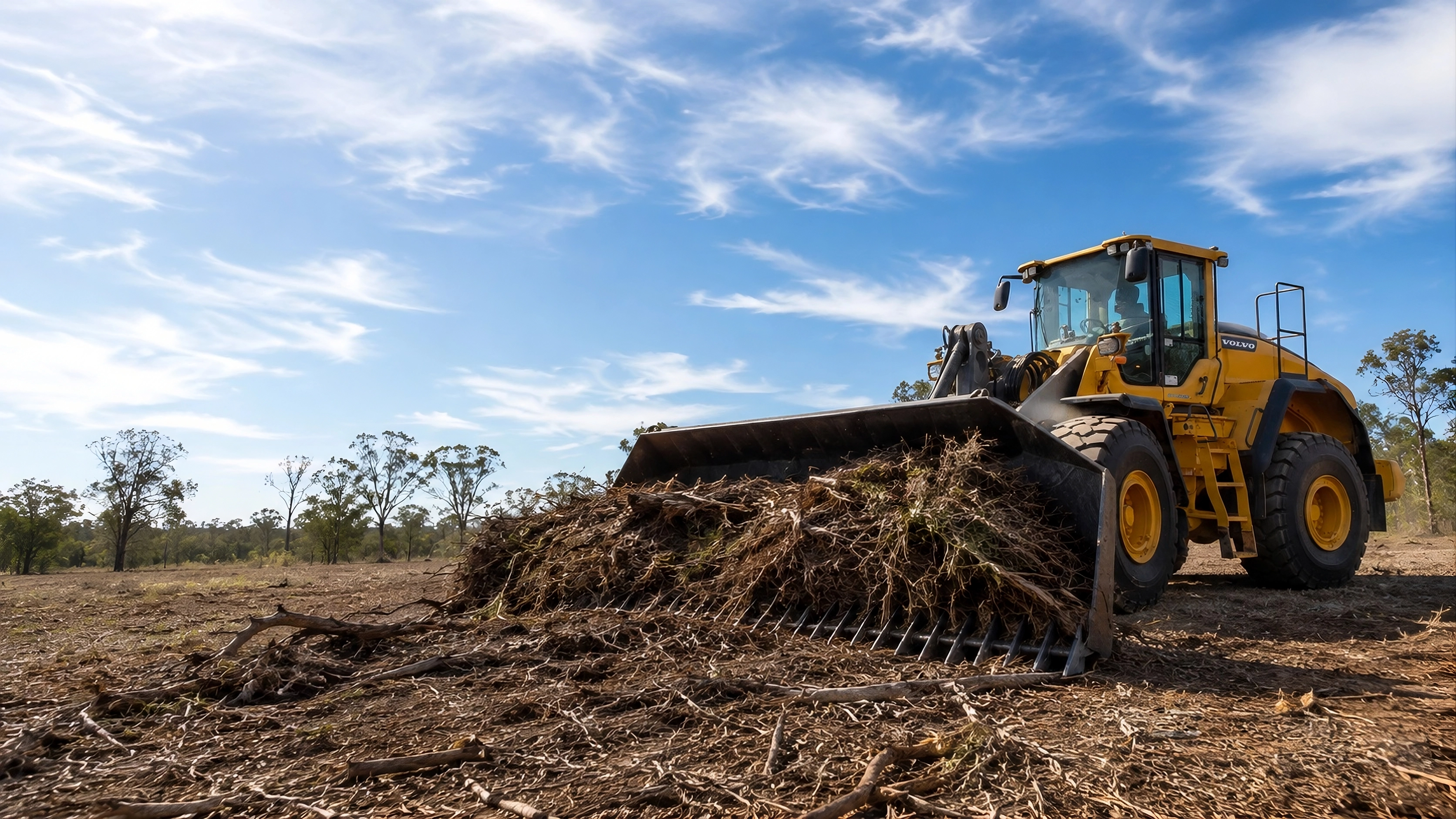 Volvo loader stick raking a paddock in rural Queensland.