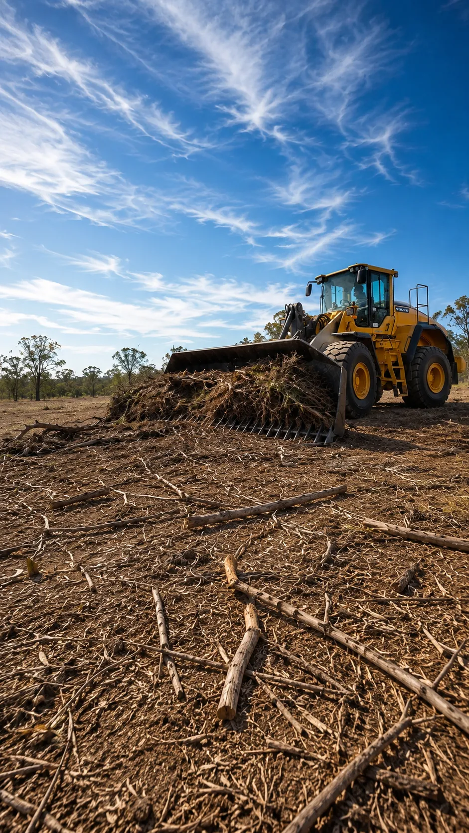 Low-angle view of a Volvo loader stick raking a cleared paddock in rural Queensland.