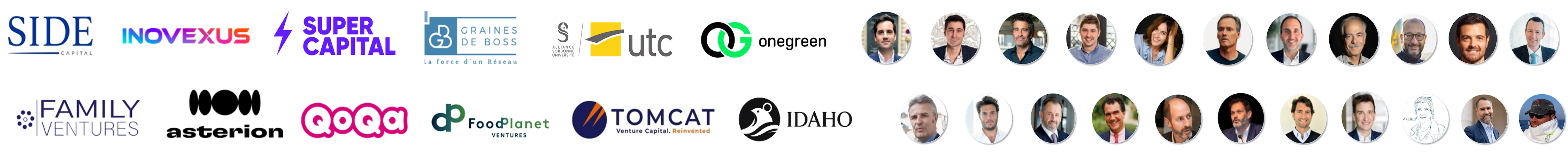 Logos of various companies and circular portraits of several men and women arranged in two rows on a black background.