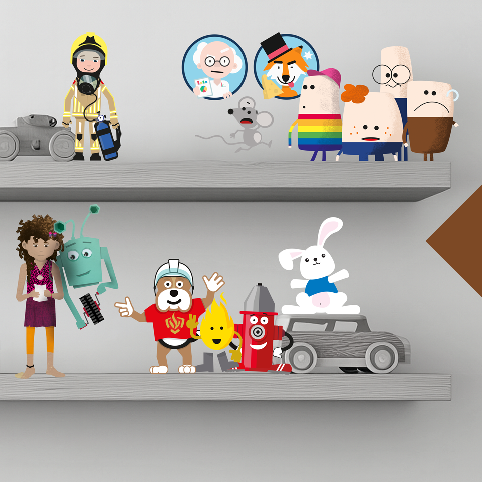 Diverse cartoon characters on two shelves including firefighter, robot, dog, flame, and bunny with a toy car.