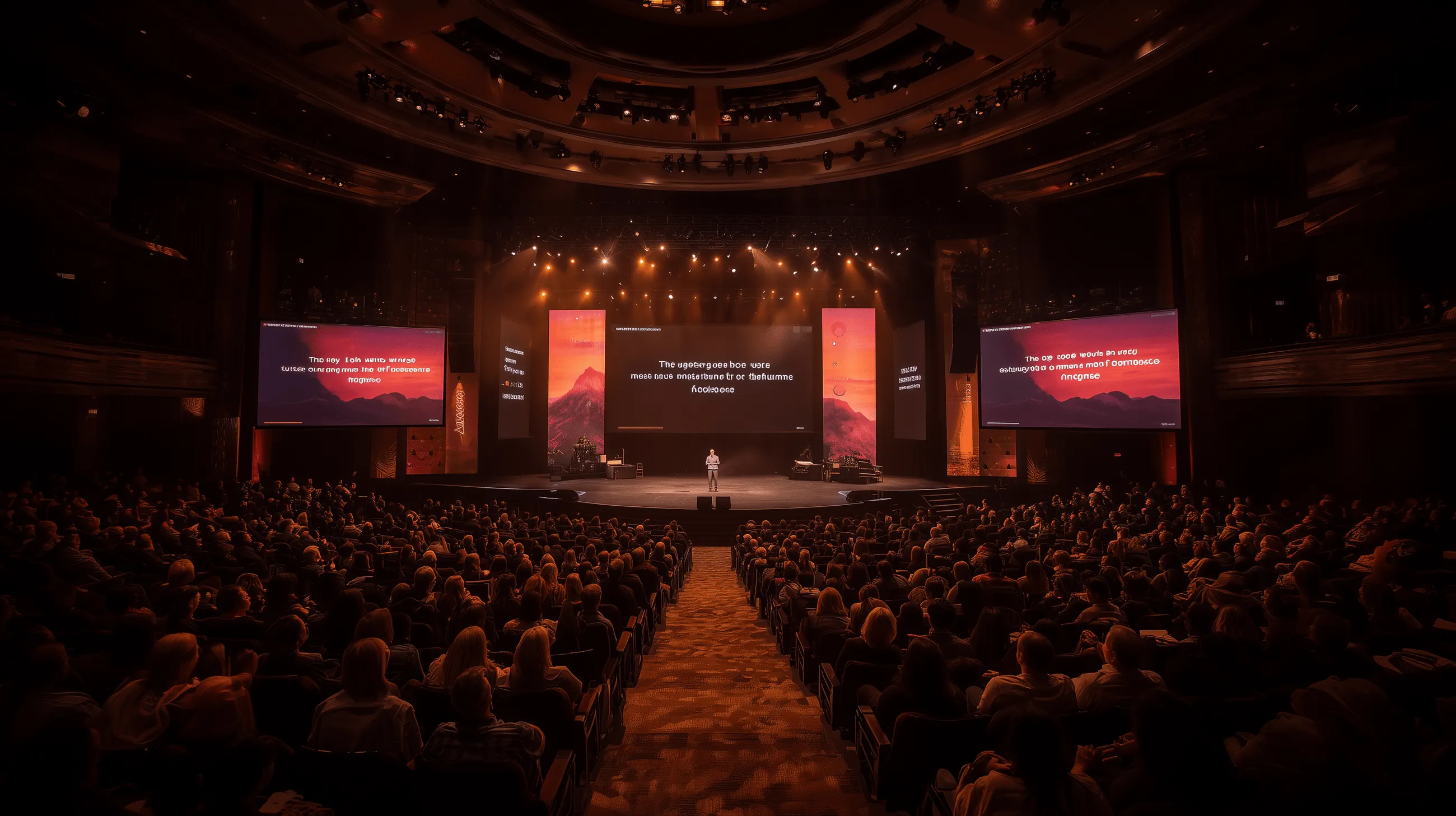 A speaker stands on a large stage in a dark auditorium filled with seated audience members, with multiple illuminated screens displaying text and mountain images in the background.