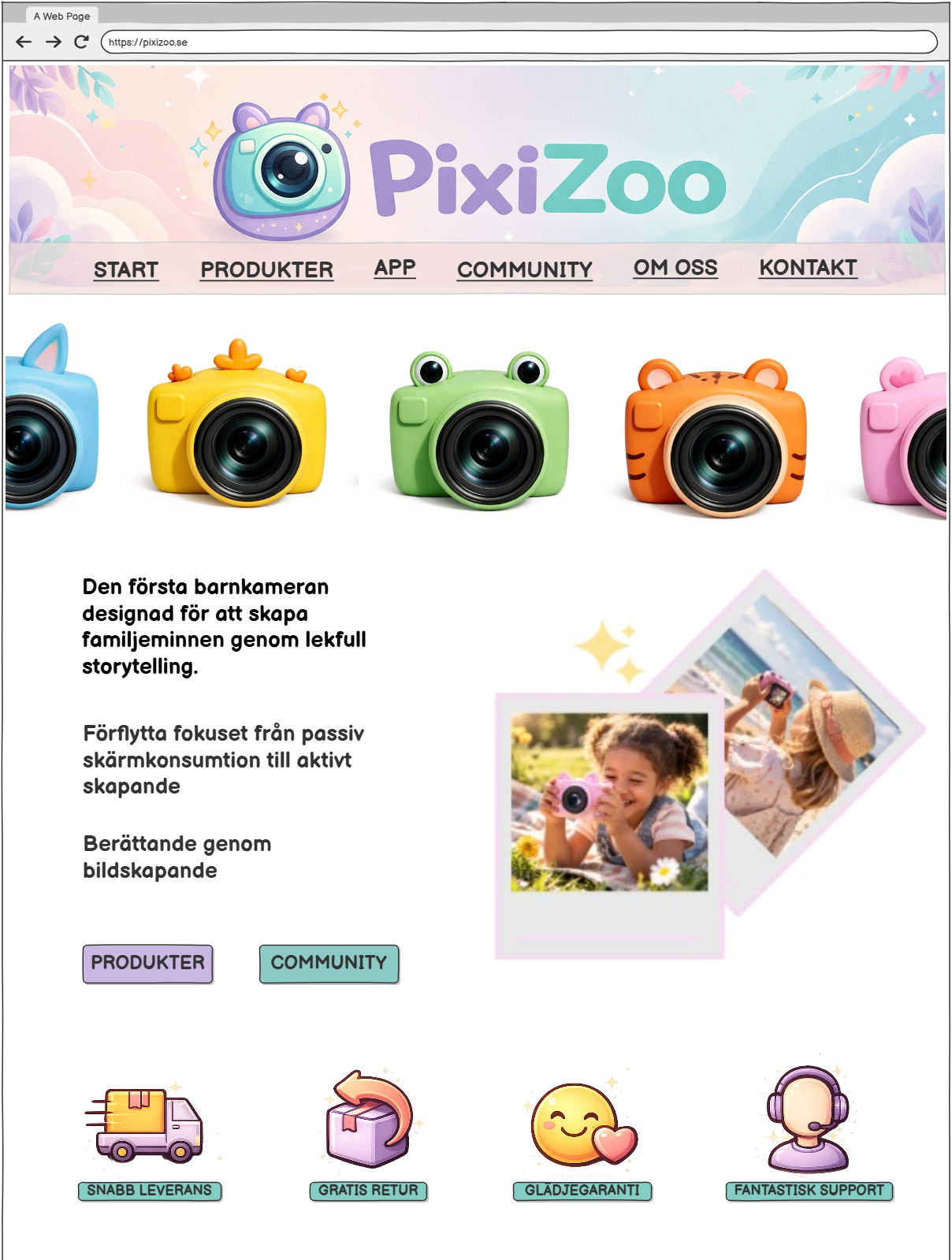 PixiZoo konceptprojekt för barnkamera och varumärkesutveckling - wireframe