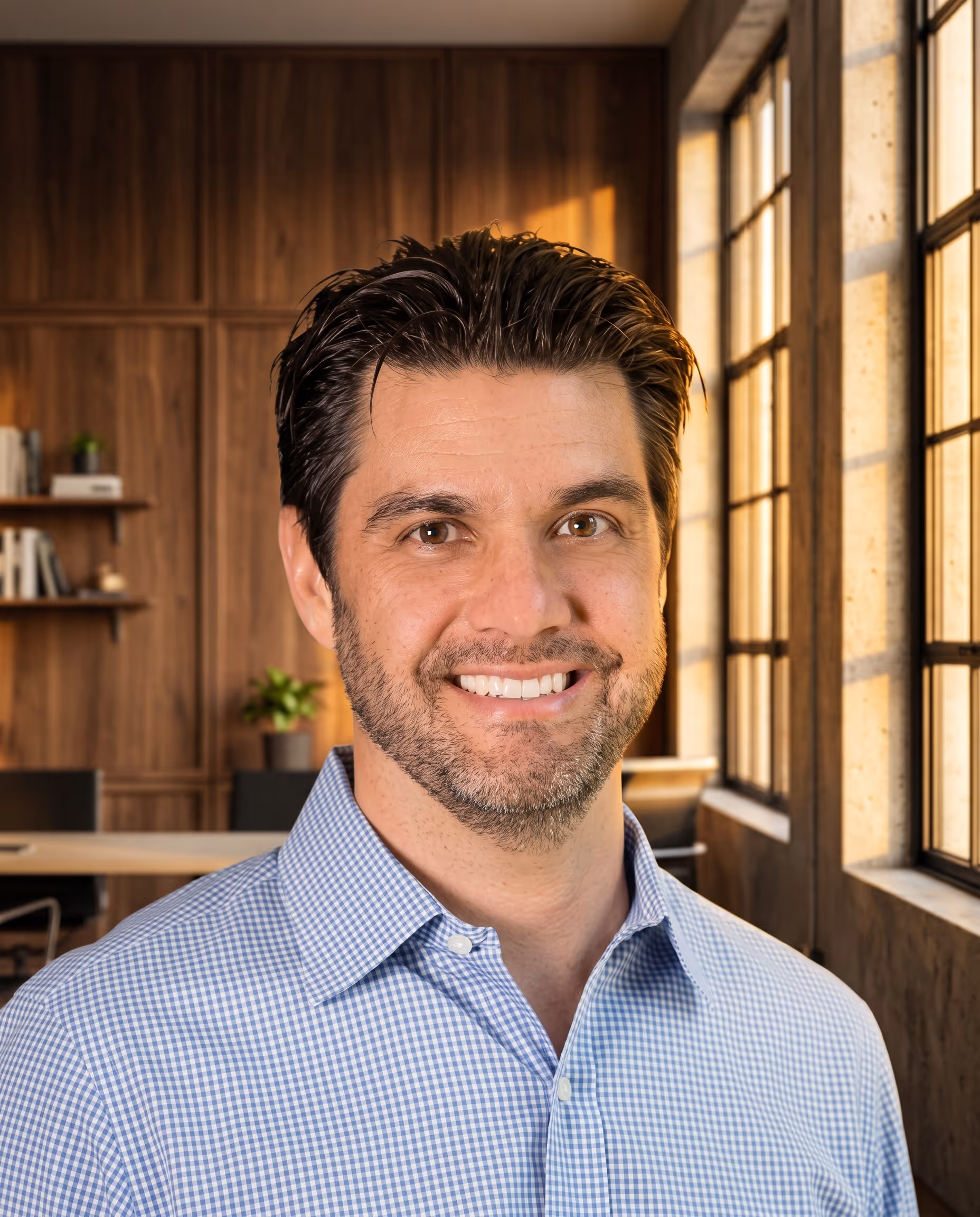 Smiling man with dark hair and beard wearing a blue checkered shirt in a sunlit office.