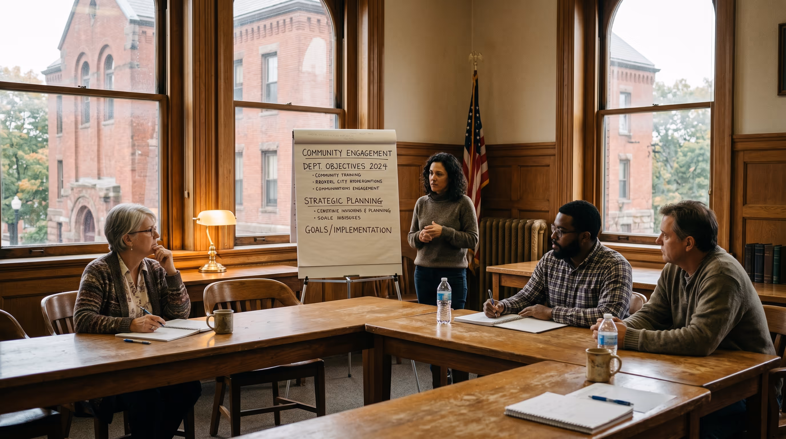 Four people in a wooden meeting room discussing community engagement plans on a flip chart.