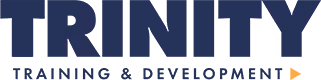 Logo with text 'TRINITY TRAINING & DEVELOPMENT' in blue with a small orange arrow.