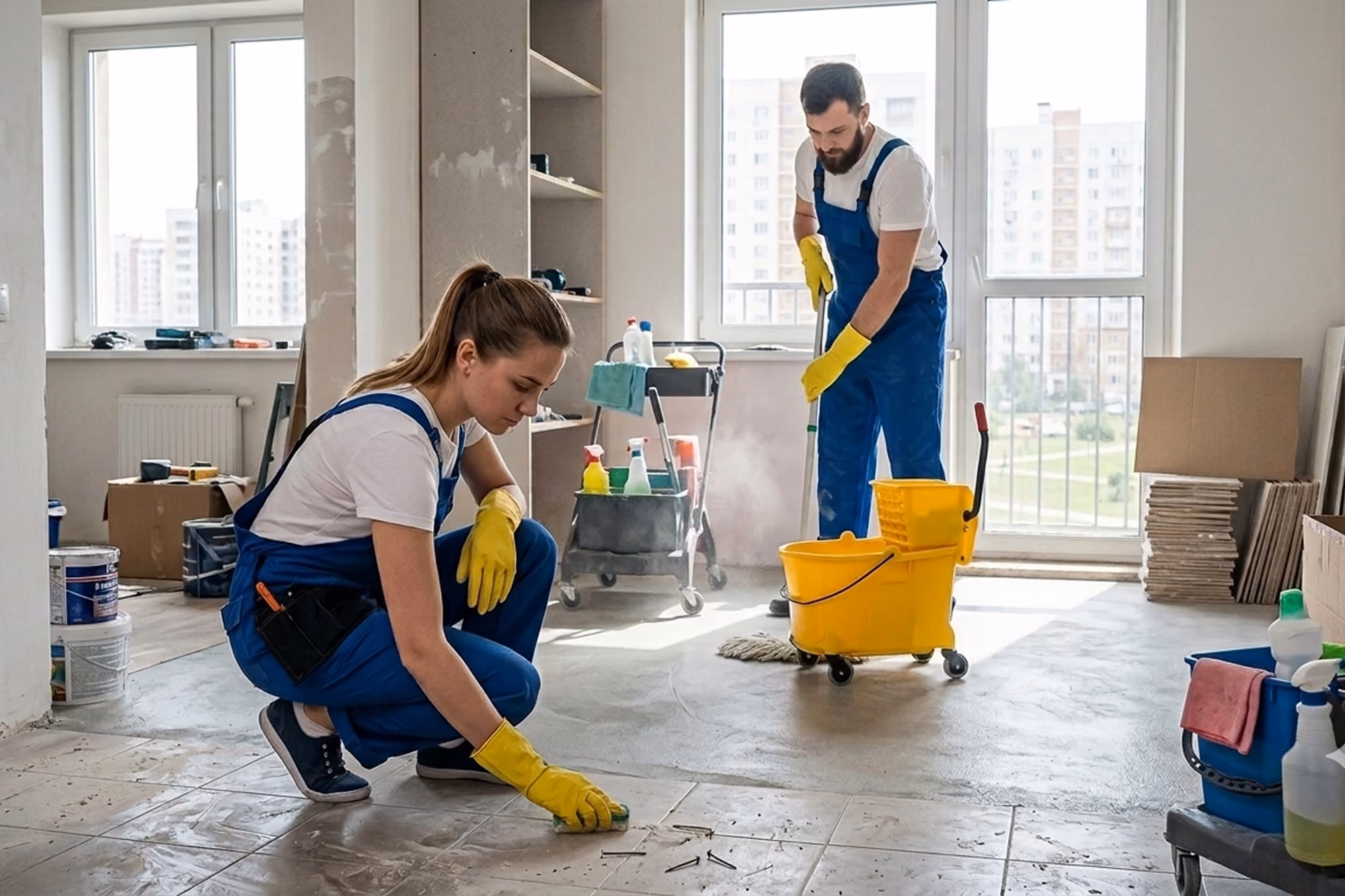 Reinigung nach Renovierungsarbeiten: Drei Reinigungskräfte reinigen ein Klassenzimmer: Eine Mitarbeiterin reinigt die Schultafel, die zweite schleift den Boden mit einer Spezialmaschine, ein Mitarbeiter reinigt die Fenster mit einem Glasschaber und Reinigungsmittel.