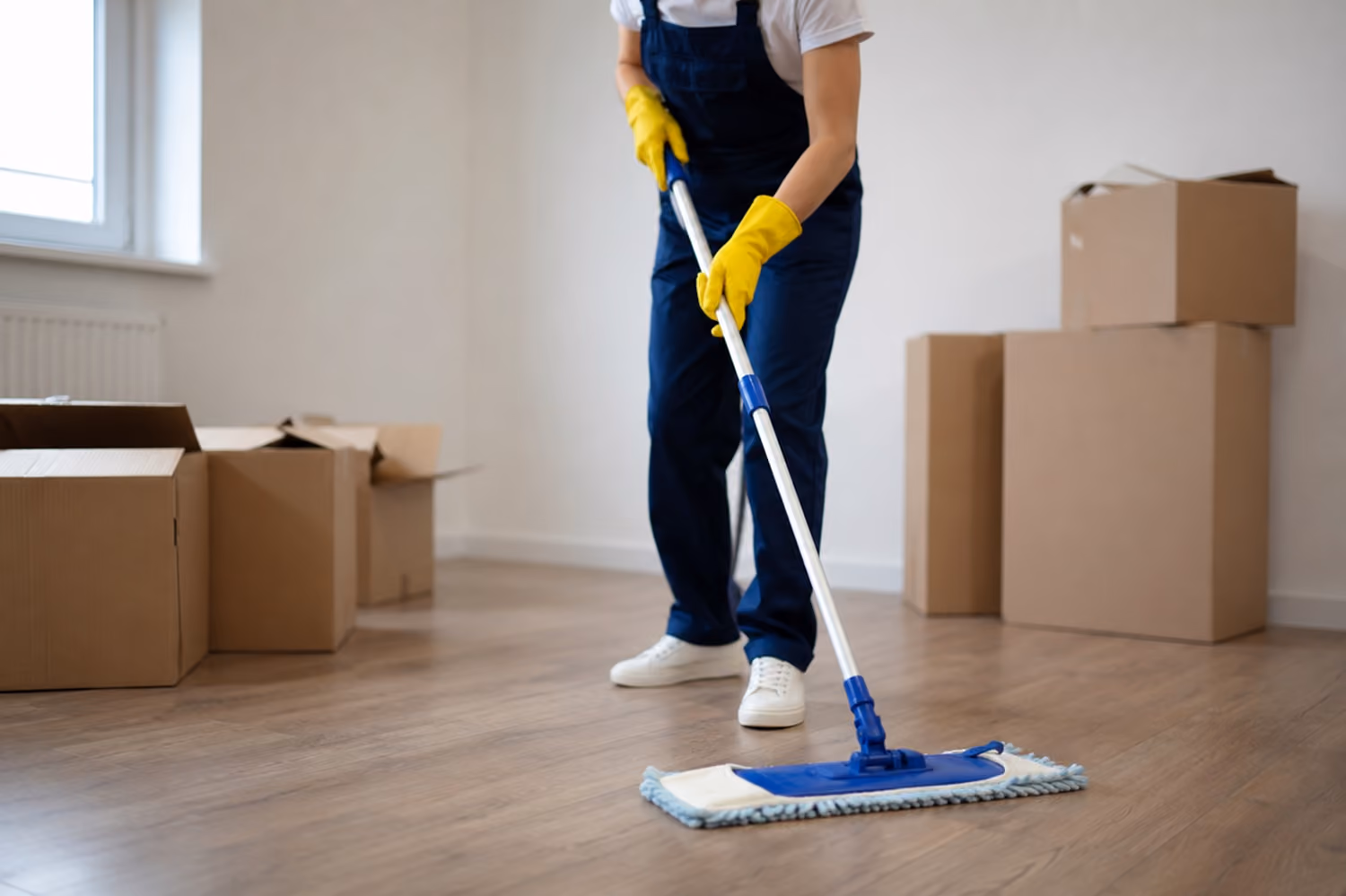 Endreinigung nach Umzug: Reinigungskraft in Firmenkleidung wischt den Boden in einem Büroraum, daneben stehen Kartons auf dem Boden.