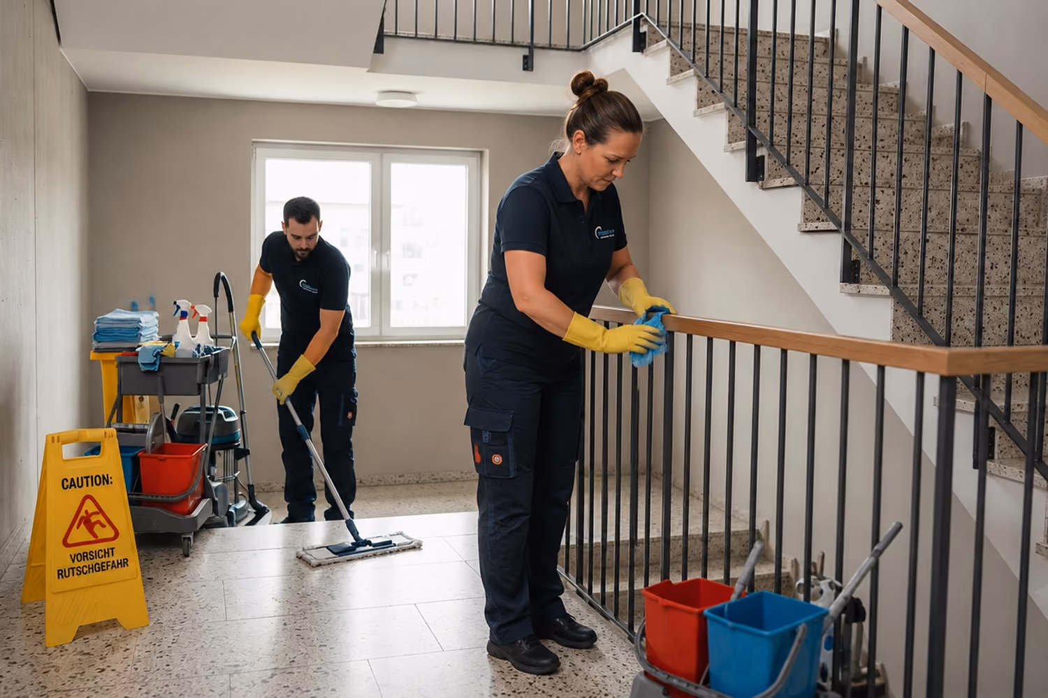 Treppenhausreinigung: Zwei Reinigungskräfte in Firmenkleidung reinigen ein Treppenhaus in einem Gebäude: Die Mitarbeiterin wischt das Geländer ab, daneben stehen Eimer mit Reinigungsmitteln und Zubehör; der Mitarbeiter wischt den Boden mit einem Wischmopp, neben ihm stehen ein Reinigungswagen und ein Warnschild „Achtung, Rutschgefahr“.