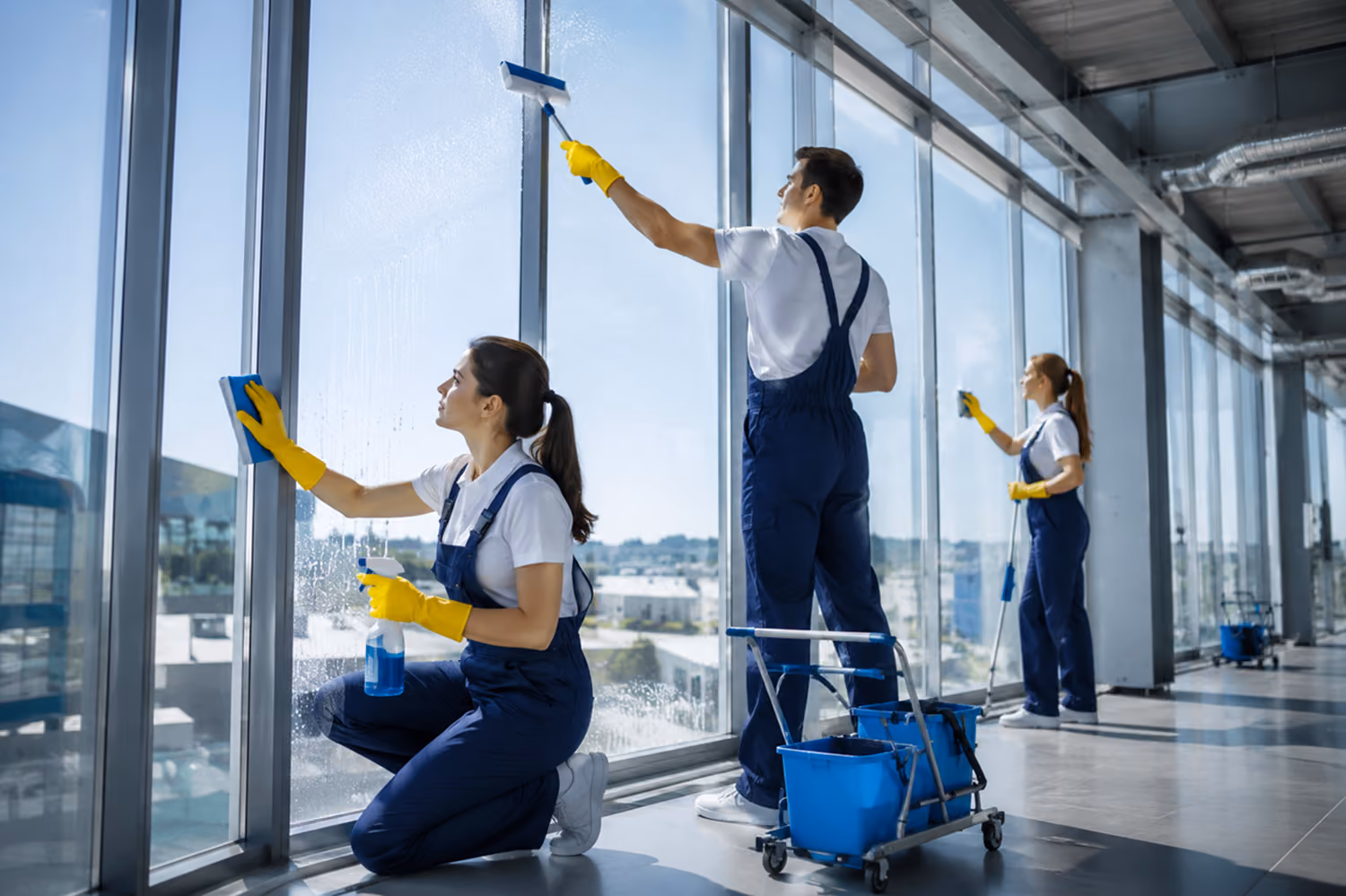 Fenster- und Glasreinigung: Drei Reinigungskräfte in Firmenkleidung reinigen große bodentiefe Fenster in einem Gebäude: zwei Frauen und ein Mann, daneben steht ein Reinigungswagen mit speziellen Reinigungsmitteln.