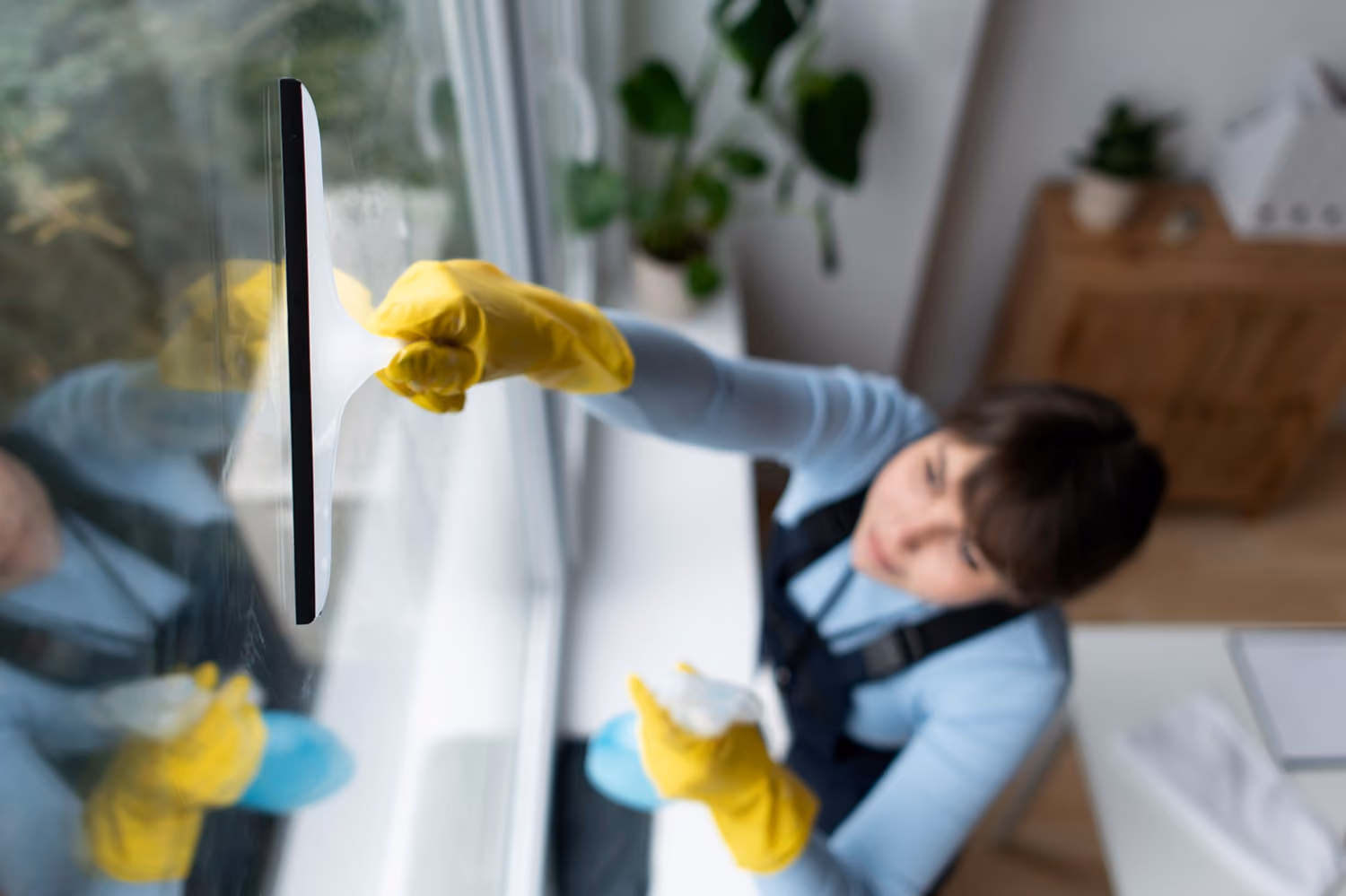 Reinigung von Häusern und Wohnungen: Reinigungskraft in Firmenkleidung reinigt ein Fenster in einem Privathaus mit einem speziellen Glasschaber und einer Sprühflasche mit Reinigungsmittel.