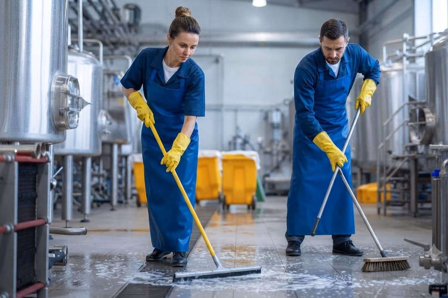 Industriereinigung: Zwei Reinigungskräfte in Arbeitskleidung reinigen den Boden mit Wischmopps in einem Industriebetrieb mit großen Aluminiumbehältern; daneben stehen große gelbe Reinigungswagen.
