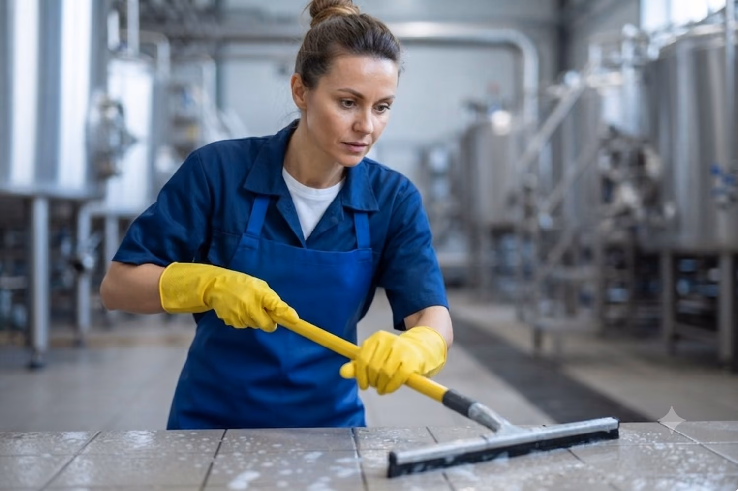 Industriereinigung: Reinigungskraft in Arbeitskleidung reinigt Fliesen mit einem speziellen Wischmopp in einem Industriebetrieb mit großen Aluminiumbehältern.