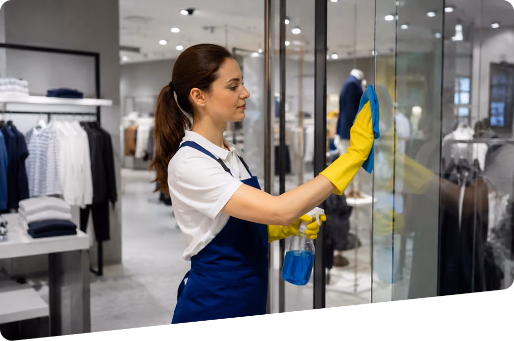 Ladenlokalreinigung: Reinigungskraft in Arbeitskleidung reinigt in einem Bekleidungsgeschäft eine Glasvitrine mit einem speziellen Reinigungsmittel und einem Tuch.