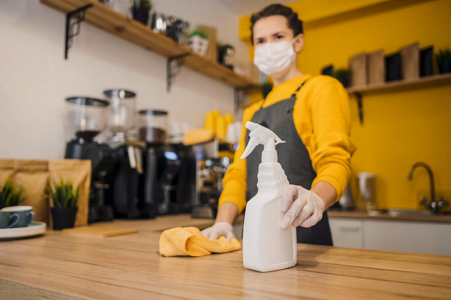 Ladenlokalreinigung: Reinigungskraft in Arbeitskleidung reinigt eine Arbeitsfläche in einem Café mit einem speziellen Reinigungsmittel und einem Tuch.