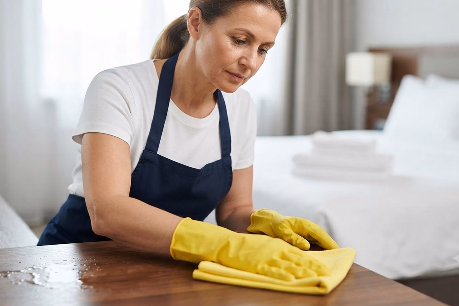Hotel und Ferienwohnungsreinigung: Reinigungskraft in Firmenkleidung wischt Staub in einem Hotelzimmer mit einem Reinigungsmittel und einem Tuch.