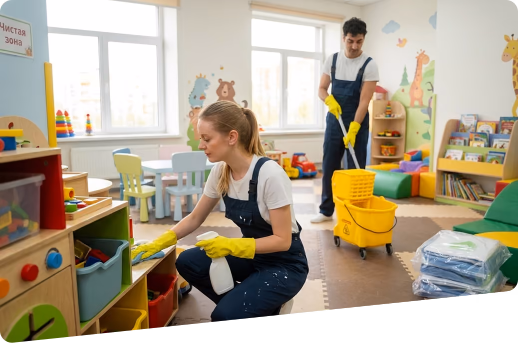 Kita- und Schulreinigung: Zwei Reinigungskräfte in Firmenkleidung reinigen einen Kindergarten: Der Mitarbeiter wischt den Boden mit einem Wischmopp, neben ihm steht ein Reinigungswagen mit Reinigungsmitteln; die Mitarbeiterin wischt Staub von Kinderregalen mit Spielzeug.