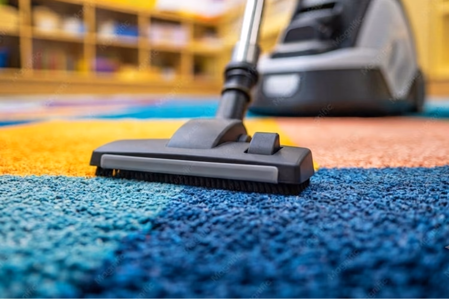 Kita- und Schulreinigung: In einem Spielzimmer mit Regalen für Spielzeug und Bastelmaterial steht ein Staubsauger auf dem Teppichboden, bereit zur Reinigung des Teppichbodens.