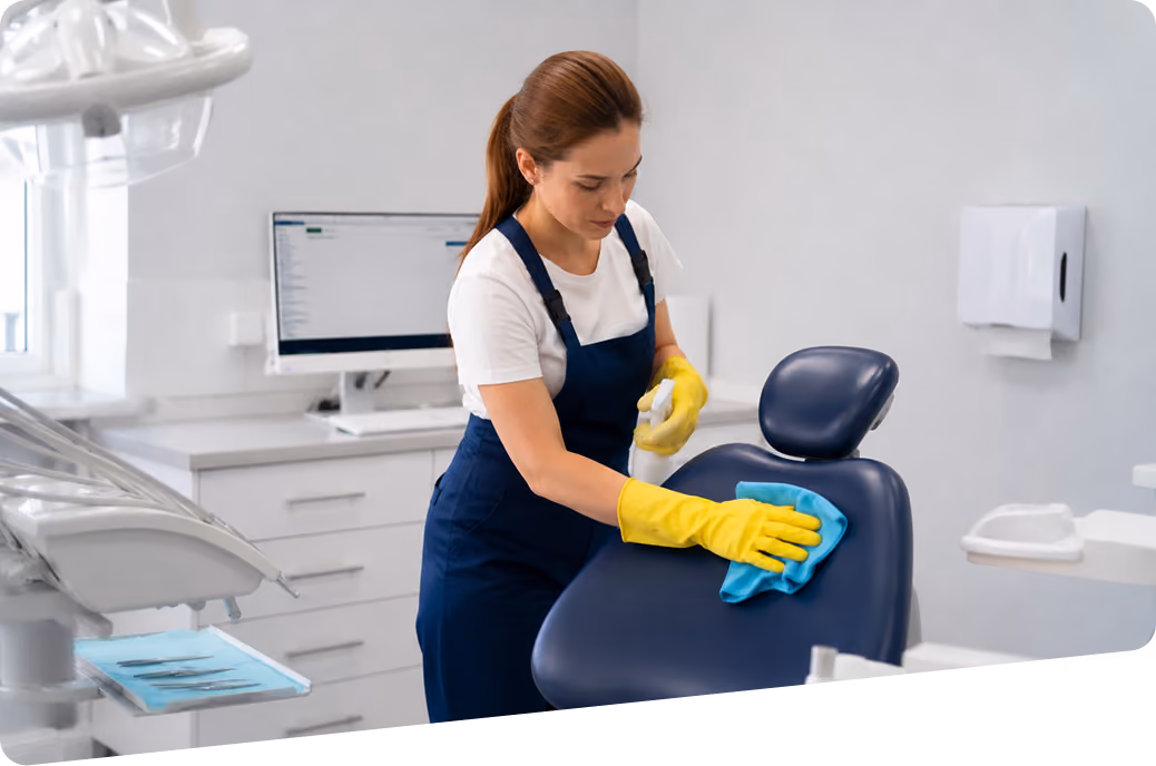 Praxis- und Klinikreinigung: Reinigungskraft in Firmenkleidung reinigt einen Behandlungsstuhl mit einem speziellen Reinigungsmittel und einem Tuch.