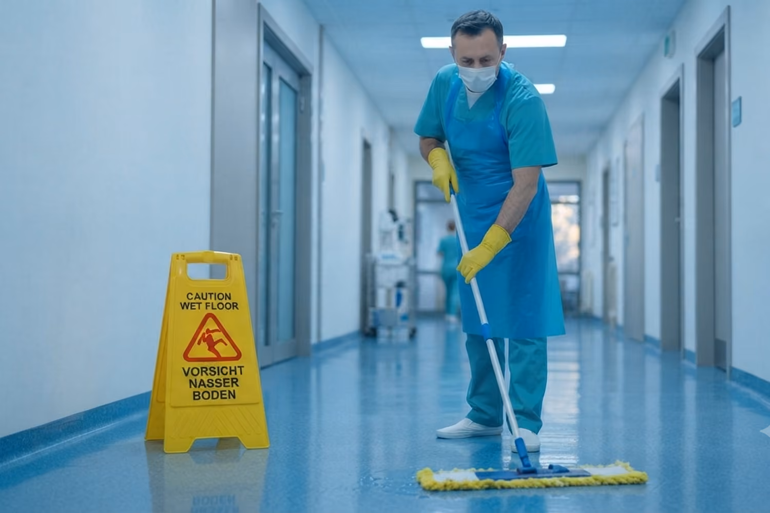 Praxis- und Klinikreinigung: Reinigungskraft in Firmenkleidung wischt den Boden eines Krankenhausflurs mit einem Wischmopp; daneben steht ein Warnschild „Vorsicht, nasser Boden“.