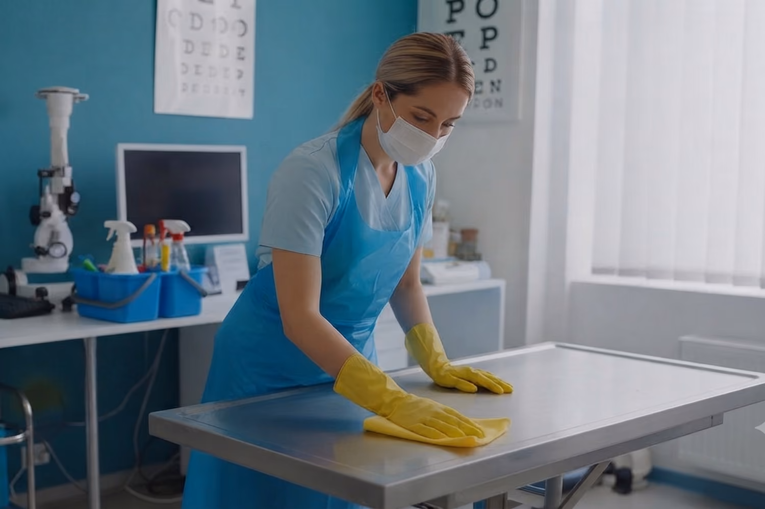 Praxis- und Klinikreinigung: Reinigungskraft in Firmenkleidung wischt Staub von einem Schreibtisch in einer Augenarztpraxis.