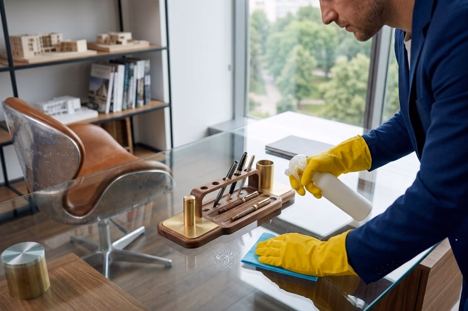 Unterhaltsreinigung für Unternehmen: Mitarbeiter in Firmenkleidung reinigt einen Glastisch in einem Büro mit einem speziellen Reinigungsmittel und einem Tuch.