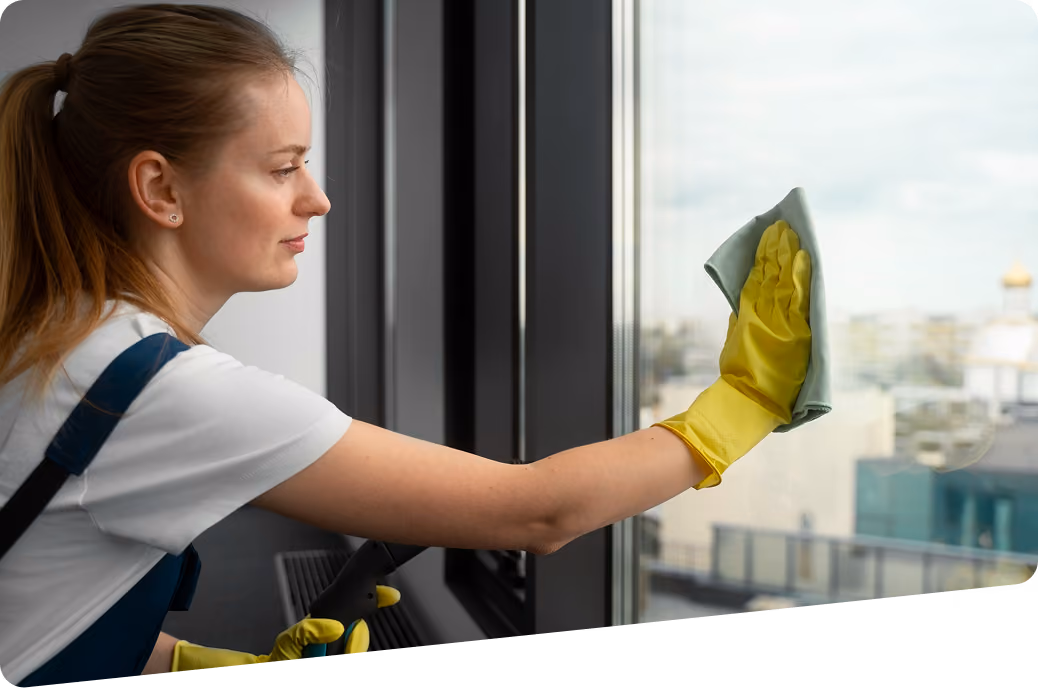 Gebäudereinigung: Reinigungskraft in Firmenkleidung reinigt Fenster mit einem speziellen Reinigungsmittel.