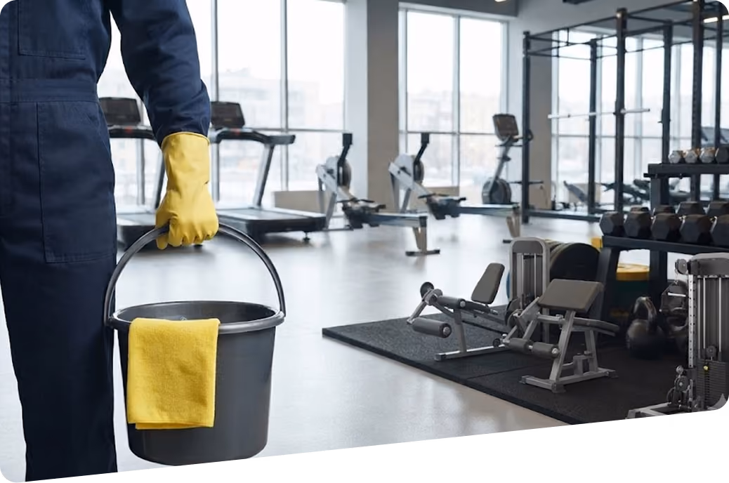 Gebäudereinigung: Reinigungskraft in Firmenkleidung befindet sich in einem Fitnessstudio mit verschiedenen Trainingsgeräten; er hält einen Eimer in der Hand, auf dem ein gelbes Reinigungstuch liegt.